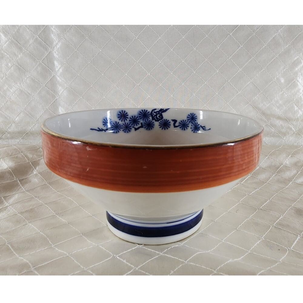 VintageUnmarked Footed Porcelain Bowl 5.5" White Blue Floral GoldTrim RustOrange